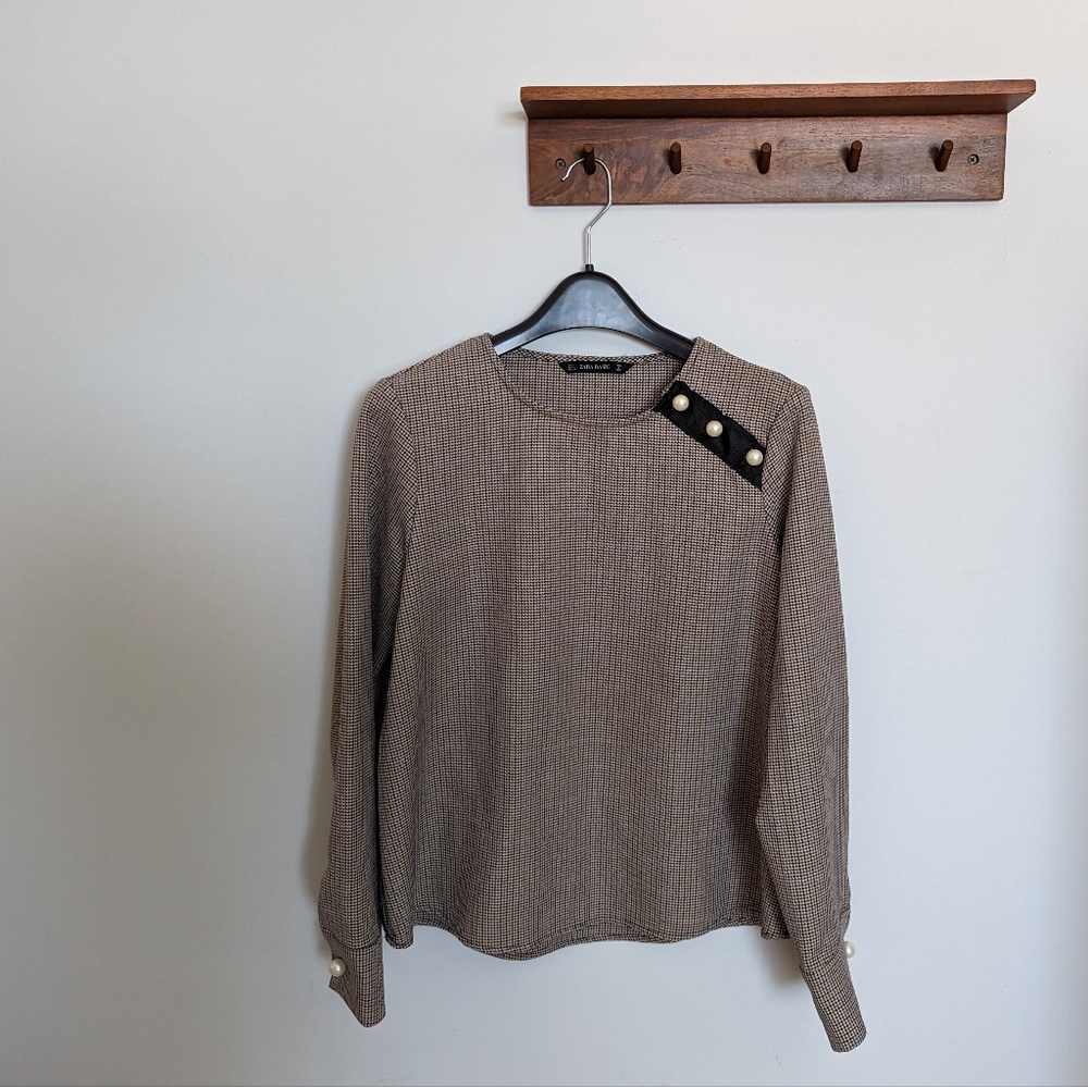 [Zara] Houndstooth Checked Shirt Top with Pearls